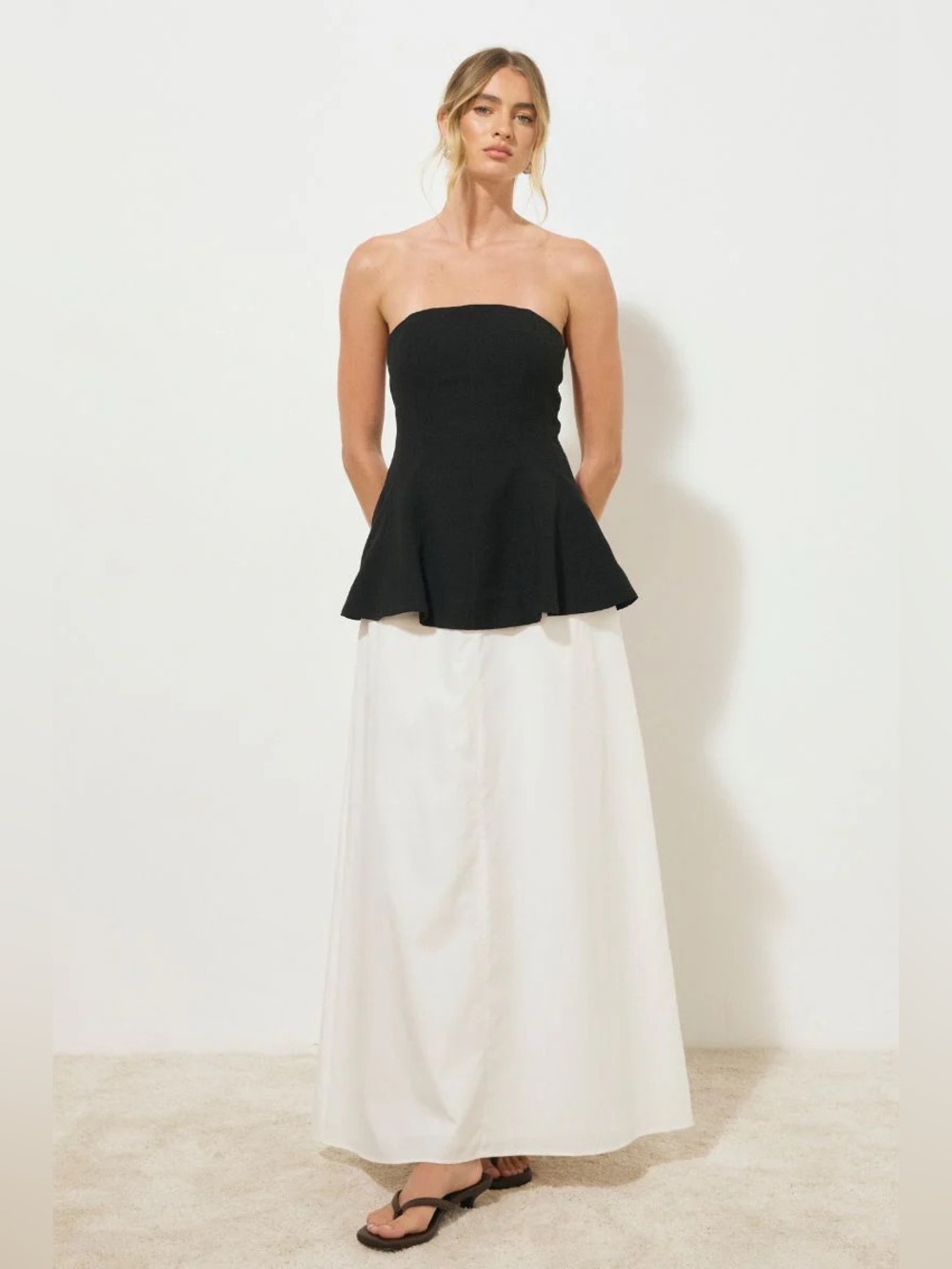 Mon Renn Solice Strapless peplum maxi dress- black and white - AUS 8/US S NWT